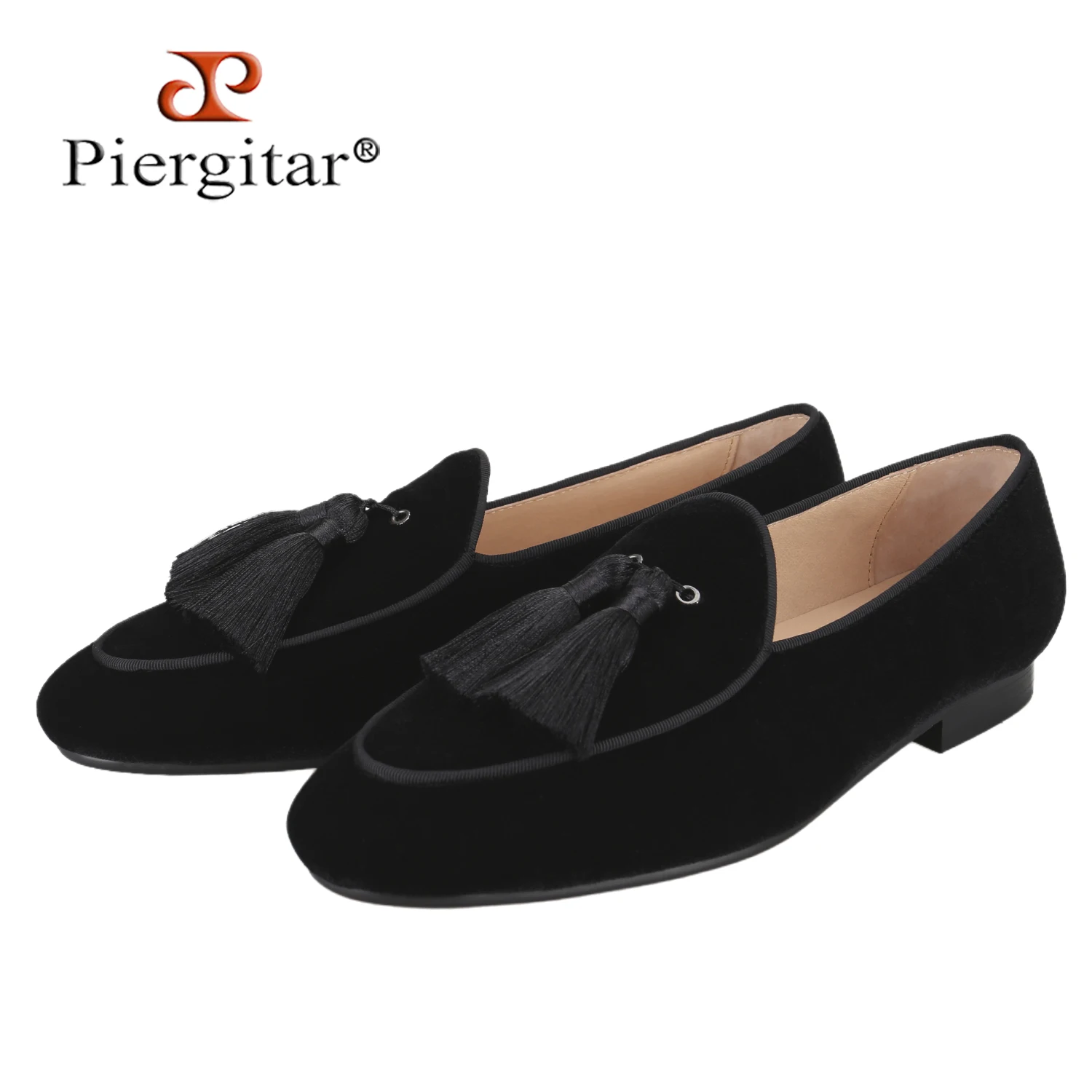 Piergitar 2026 Black Velvet Slip-On Loafers With Handmade Match Color Tassels For Party Formal Wear Handcraft Men's Casual Shoes