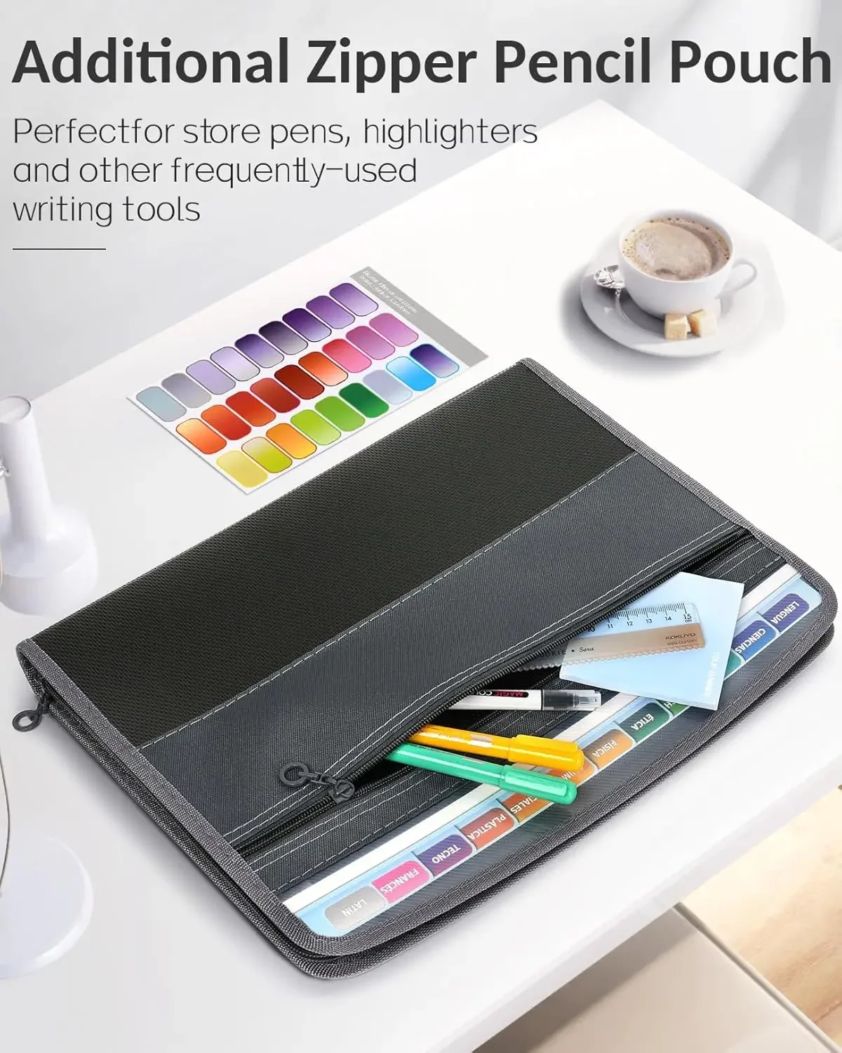 منظم بسحاب أمان، حجرة ملفات قابلة للتوسيع مكونة من 12 جيبًا مع حامل قلم أمامي