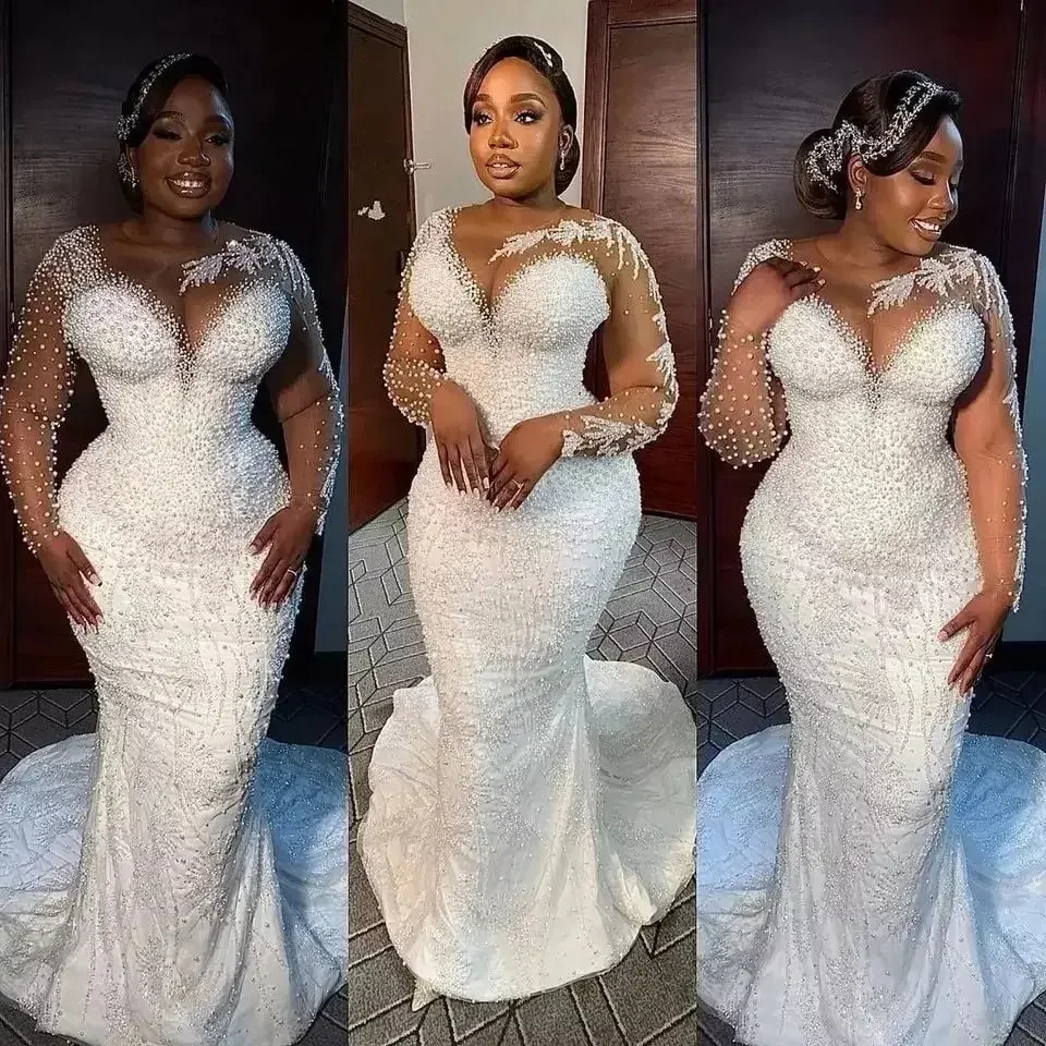 

Customized Mermaid Wedding Dresses Luxury Illusion Neck Long Sleeves Crystal Beads Pearls Lace Appliques Overskirts Plus Size Cu