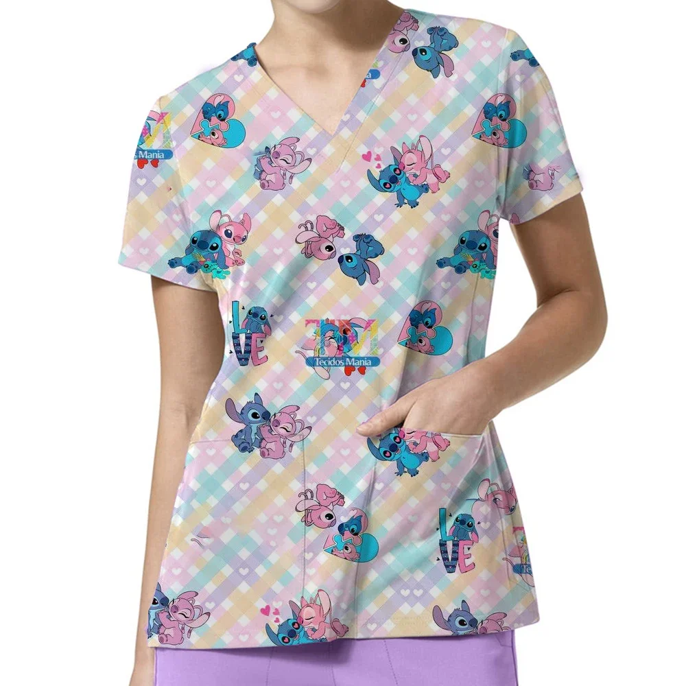 المرأة ممرضة نمط فرك القمم الصيف ديزني غرزة طباعة تي شيرتات قصيرة الاكمام الخامس الرقبة Kawaii الحيوانات الأليفة مستشفى موحدة Y2K #4