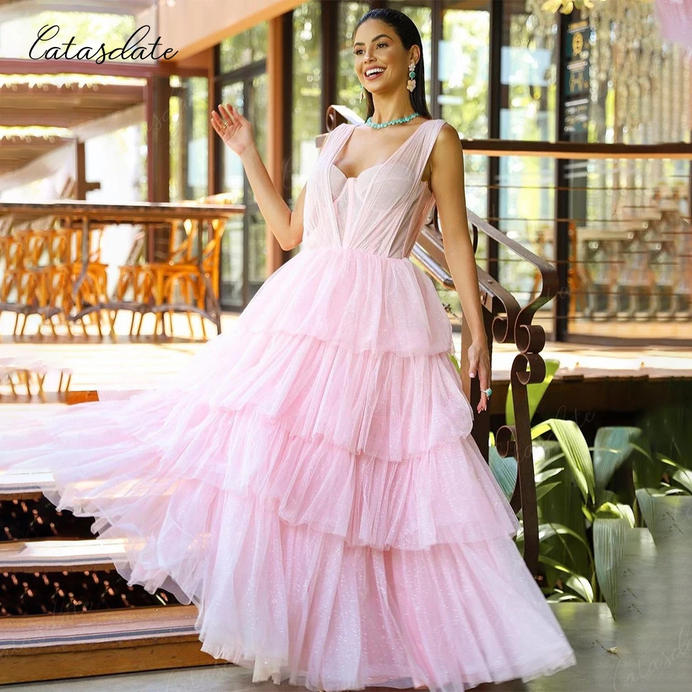 Catasdate Pink Evening Dress A Line Party Dresses for Women Tiered Layers Formal Occasion Dresses Wedding Ceremony Dress