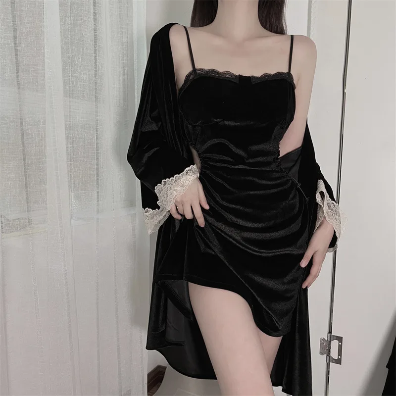 2Pcs Velour Robe Waist Hollow Out Nightdress Suit Sleepwear Women Velvet Kimono Nightwear Loungewear Bathrobe Gown Set