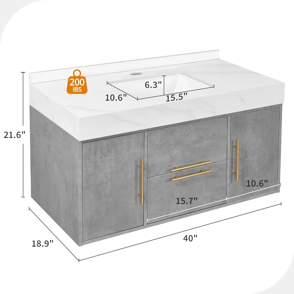 Tocador de baño de 40 pulgadas, mueble montado en la pared con encimera de piedra sinterizada y lavabo de cerámica, armario de baño con fregadero