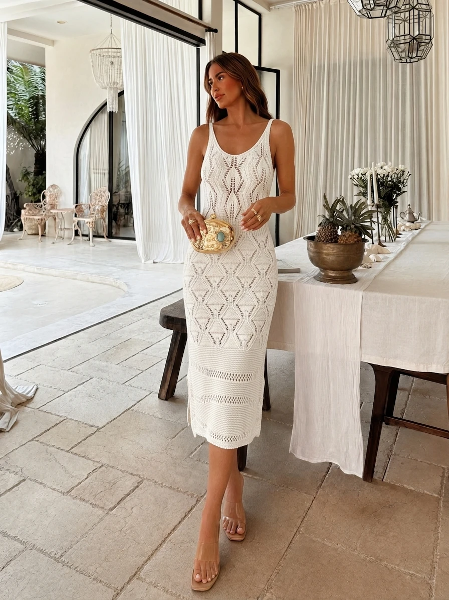 เดรสโครเชต์สีขาวสำหรับผู้หญิง  - Cover Up Kaftan บทวิจารณ์และราคา