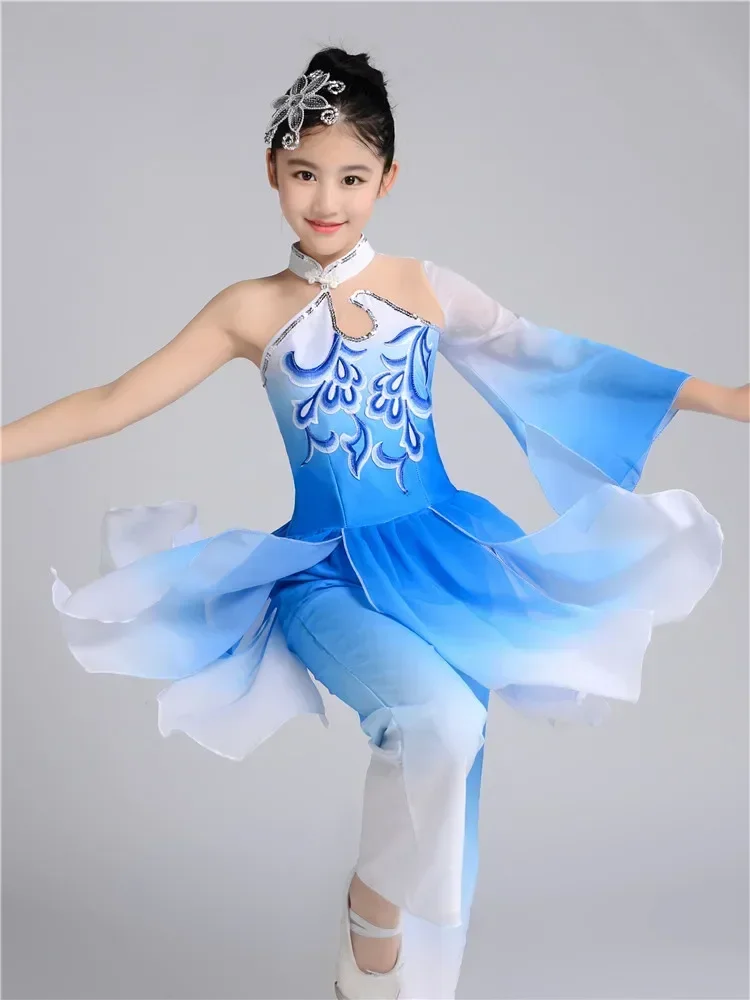 Dziewczęce stroje do tańca z wachlarzami, z jednym rękawem, w stylu chińskim Yangko, eleganckie cekinowe stroje Hanfu do tańca.