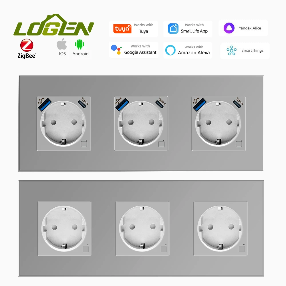 LOGEN EU Smart Socket Zgibee USB Type-c Socket Glass Crystal Panel Three sockets arranged side by side Need Neutral Wire