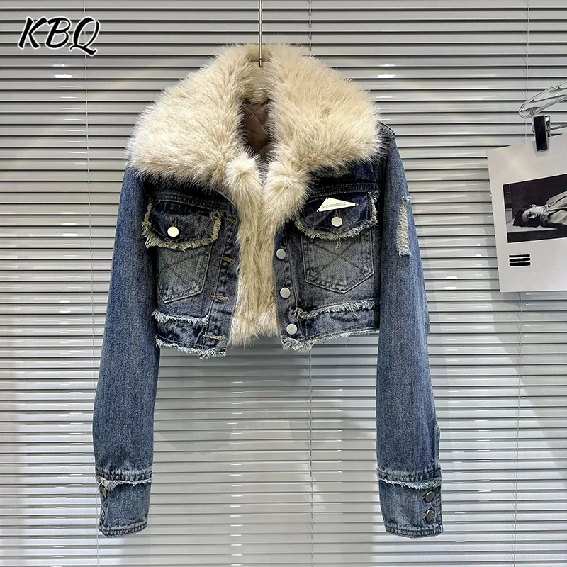 

KBQ однотонные короткие пальто с перьями и дизайном Sense для женщин, с лацканами и длинными рукавами, лоскутные карманы, свободные шикарные пальто, женский стиль