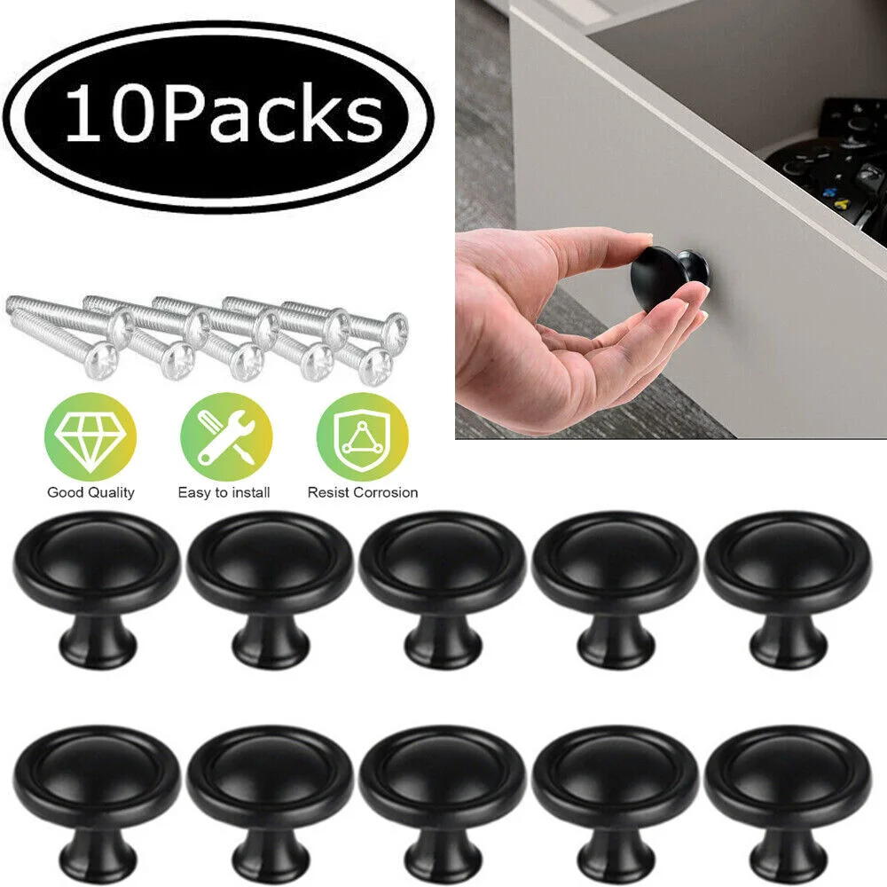 10Pcs Black Cabinet Door Pull Knobs Kitchen Cupboard Drawer Handle Hardware Round High Quality  Aluminum Alloy Handles