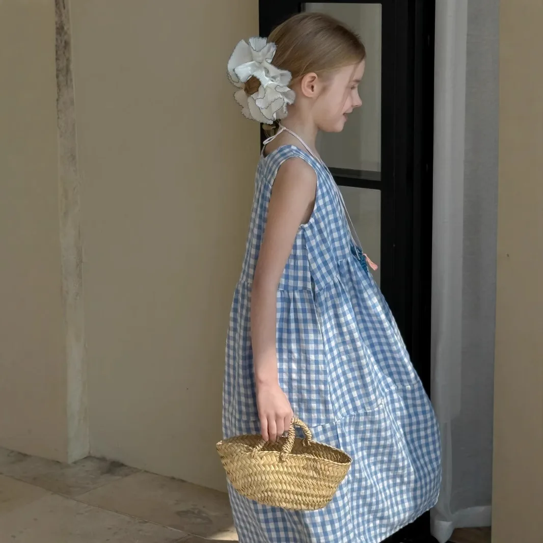 

Girls Sleeveless Dress 2025 Japanese Spring Summer Fresh Plaid Dress Girls Loose Tank Top Long Dress Trendy