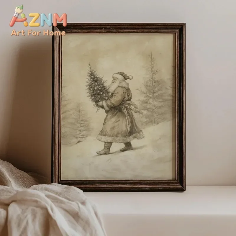 Vintage Santa Claus Canvas Wall Art Unframed Print Santa Carrying Christmas Tree Winter Forest Poster for Rustic Home Decor