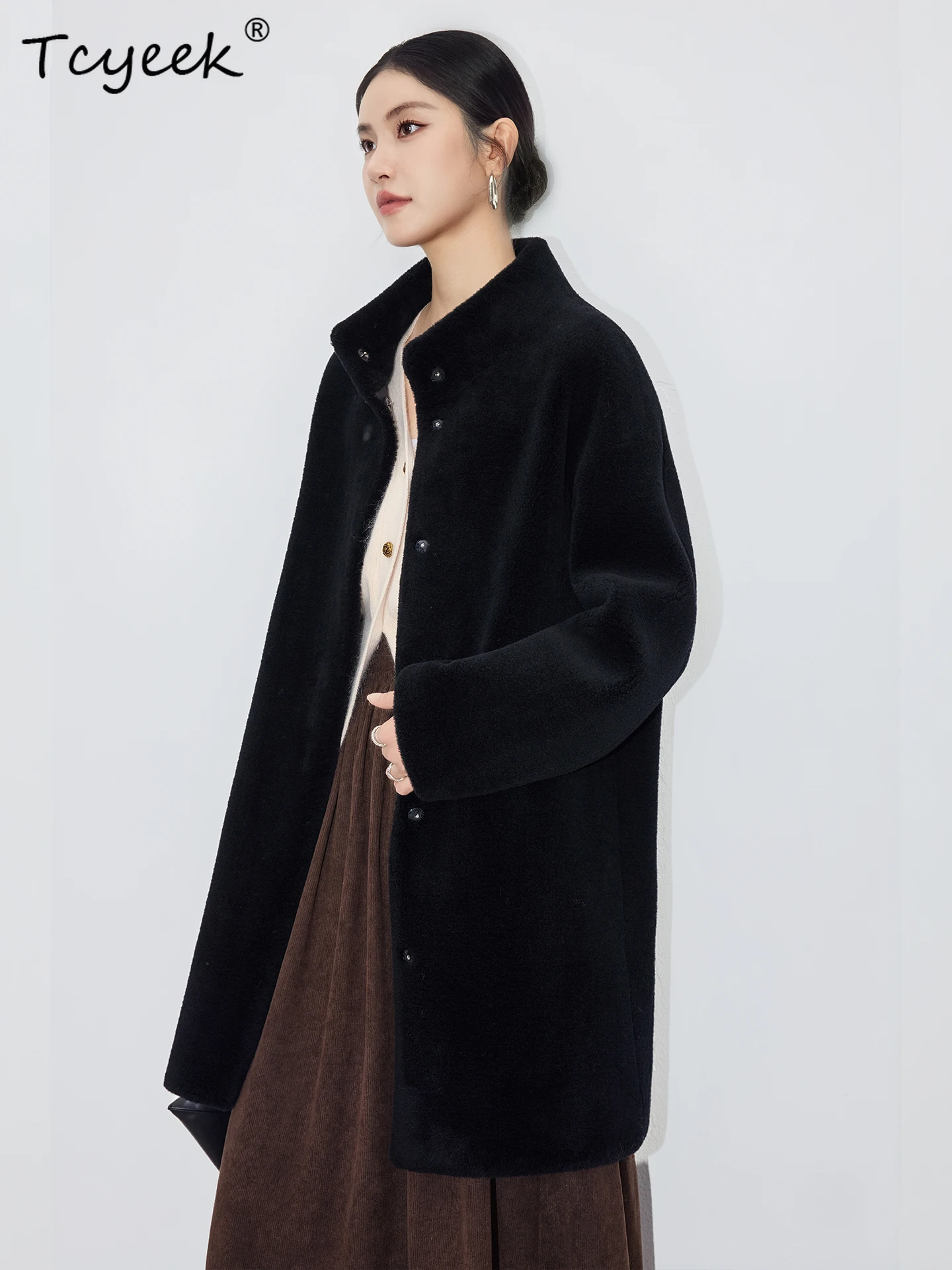 Tcyeek Real Wool Autumn Winter High End Trendy Stand Collar Black Medium Length Women's Wool Shearling Fur Coat Fourrures Femme