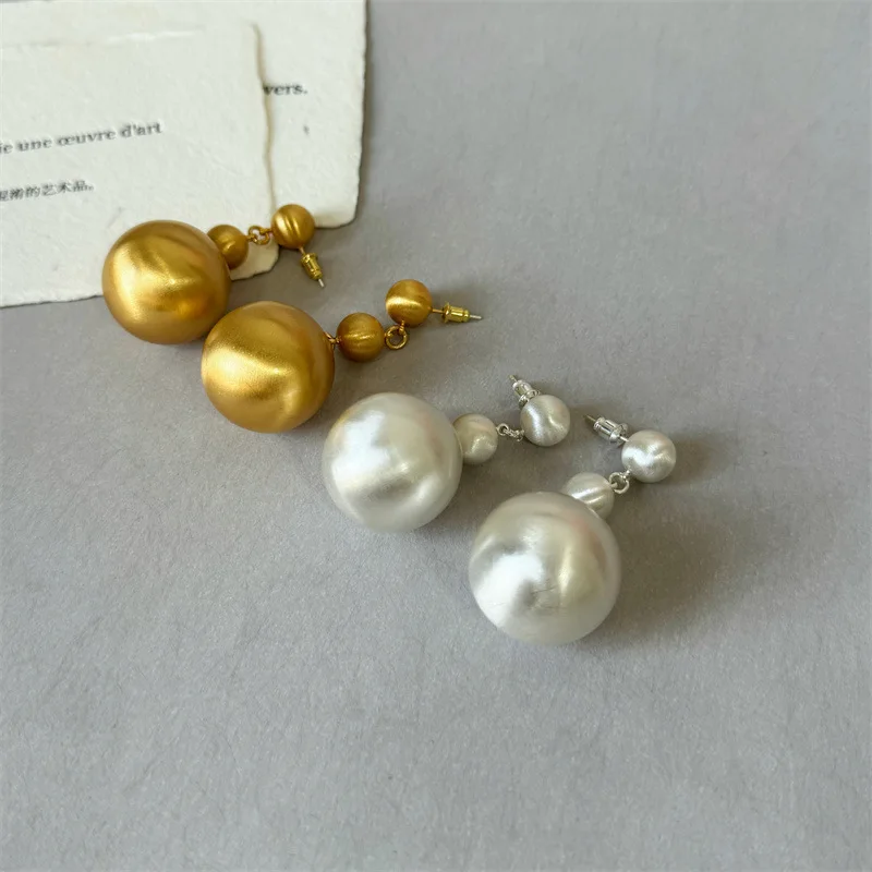 French romantic ball earrings fashionable brushed simple metal long eardrop