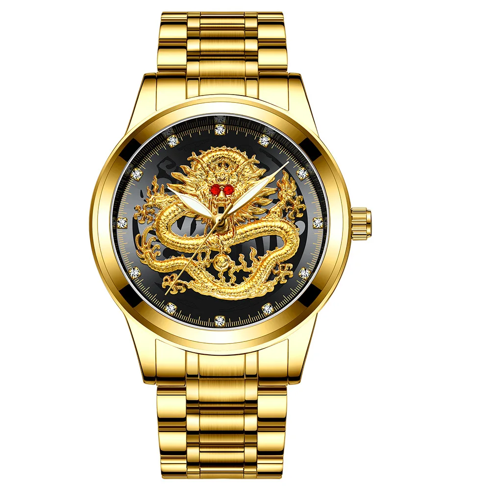 FNGEEN coppia Luxury Full Gold Clock Big Dial Dragon Phoenix impermeabile uomo donna calendario luminoso data orologi al quarzo rotondi