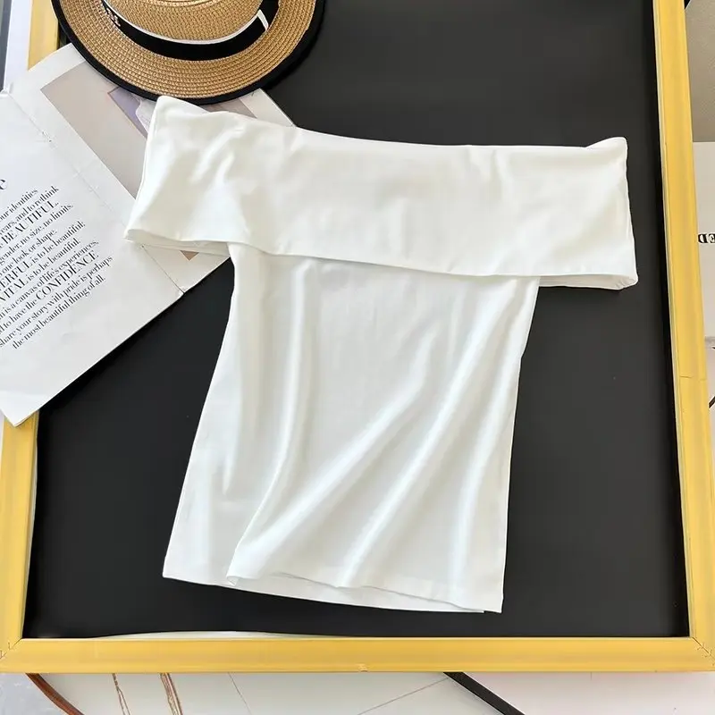 Maxdutti French Retro Ladies T-shirt Off Shoulder Tube Top Fashion Knitted Summer Cropped For Women