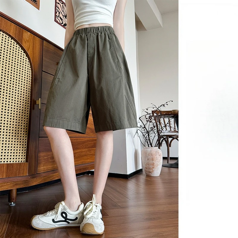 Summer Bermuda Shorts for Women Loose A Line Cotton Five-point Pants Baggy Straight Lady High Waist Patchwork Wide Leg Shorts
