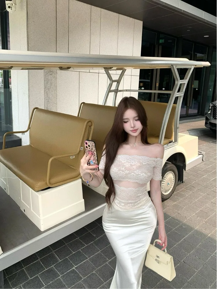 

Сексуальный женский комплект: кружевной топ на одно плечо и облегающая длинная юбка с высокой талией, весенний модный ансамбль с коротким рукавом