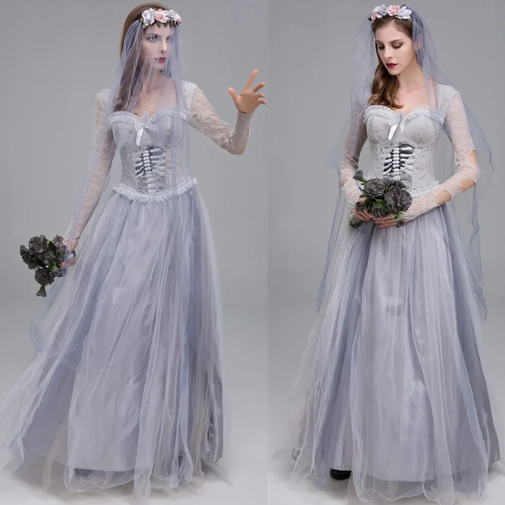 Adult Horror Zombie Ghosts Bride Costume Cosplay Halloween Fancy Party Dress With Veil For Women