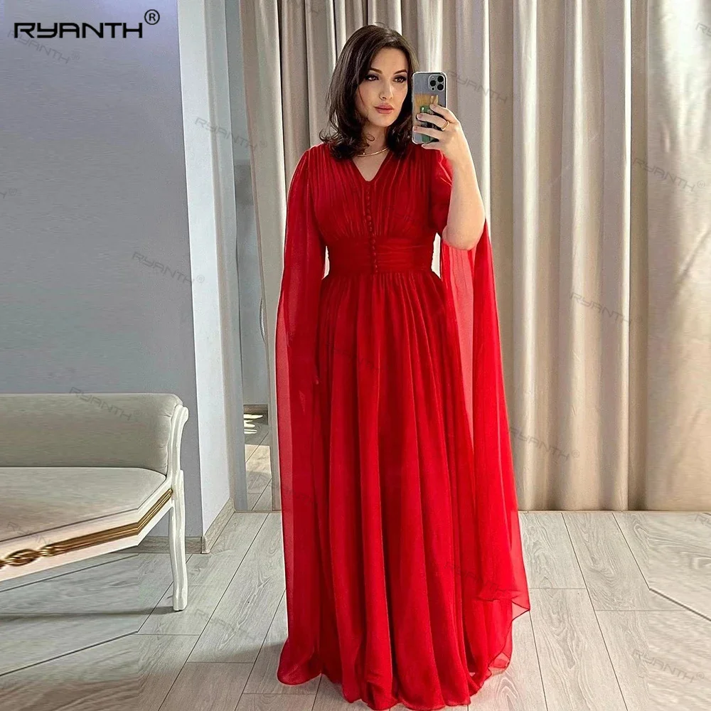 

Красные вечерние платья а-силуэта с V-образным вырезом и длинными рукавами-крылышками, платье для выпускного вечера из тюля с V-образным вырезом, бальное платье для официального мероприятия в стиле Саудовской Аравии