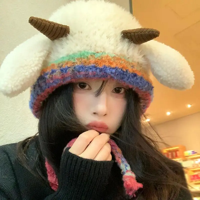 Berretti invernali in peluche Cartoon pecorelle Cappello soffice Caldo berretto lavorato a maglia con lacci Cofani da donna Cappelli pullover antivento stile Y2K
