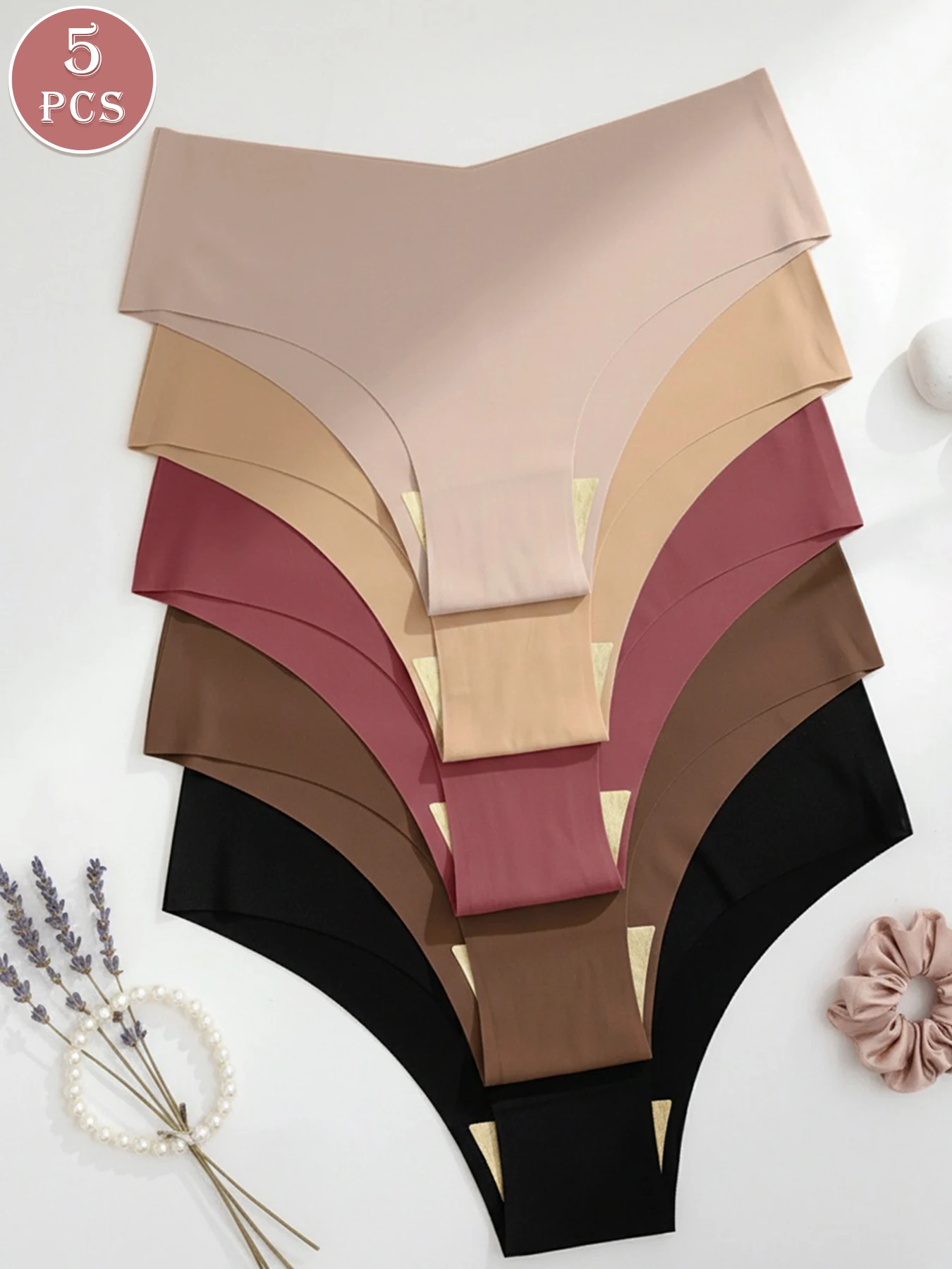 5 piezas de bragas sin costuras de talle bajo para mujer, ropa interior cómoda invisible de color liso