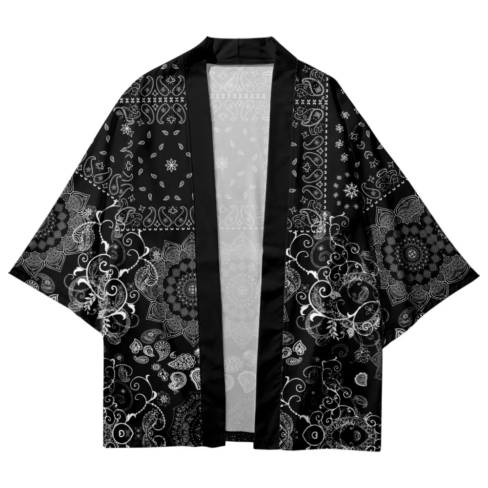 Couple Women Men Loose Casual Cashew Flowers Printed Black Cardigan Haori Yukata Summer Kimono Beach Shorts Streetwear