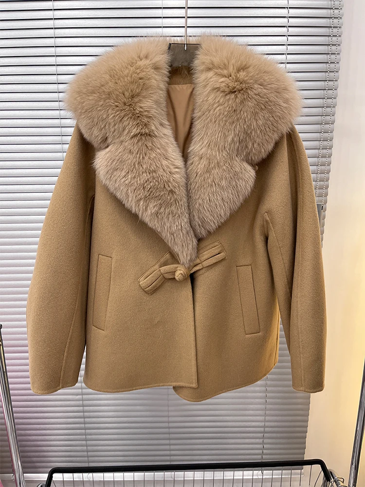 

2023 New Winter Women Warm Wool Coat Natural Real Fox Fur Collar Goose Down Jacket Thick Luxury Jackets