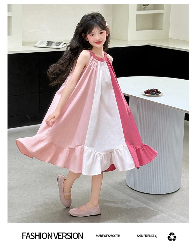 Mädchenkleid mit süßem Farbblock-Design für Sommerkostüme, Baumwolle, hohe Qualität, Kinderkleidung für Alter 7 8 9 10 12 14 Jahre – Detail 17