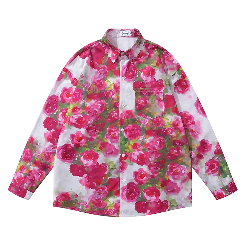 

Темная икона, гавайские рубашки с розовым цветком, мужские и женские осенние повседневные мужские рубашки с длинным рукавом