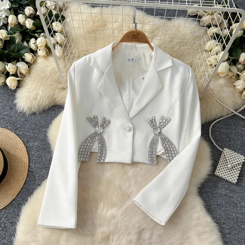 Mingyuan Fashion Heavy Industry Diamond Inlaid Bow Decoration Short Style Suit For Women With A High Grade Sense, Small