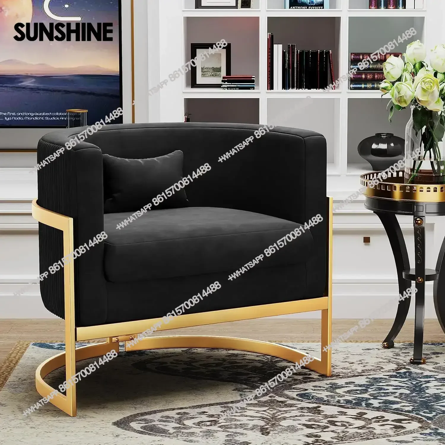 

Velvet Upholstered Accent Chair with Gold Frame, Modern Barrel Armchair for Bedroom, Living Room, or Vanity CornerX