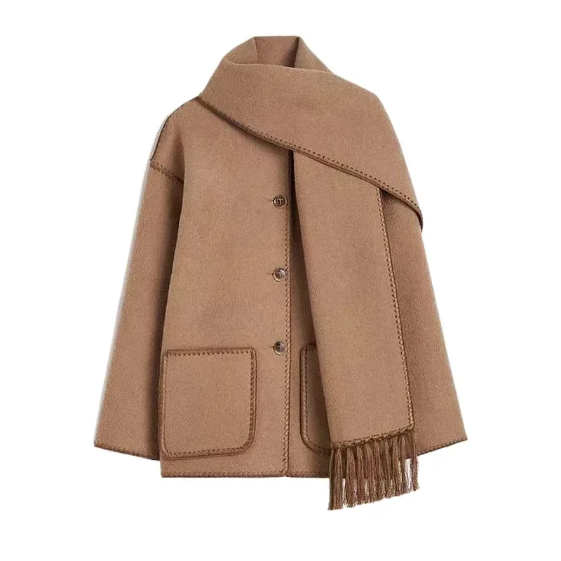 TT@ LUXURY Woolen Coat for Women with High-end Feel, Embroidered Shoulder Scarf, Woolen 2024 Womens Winter Clothing