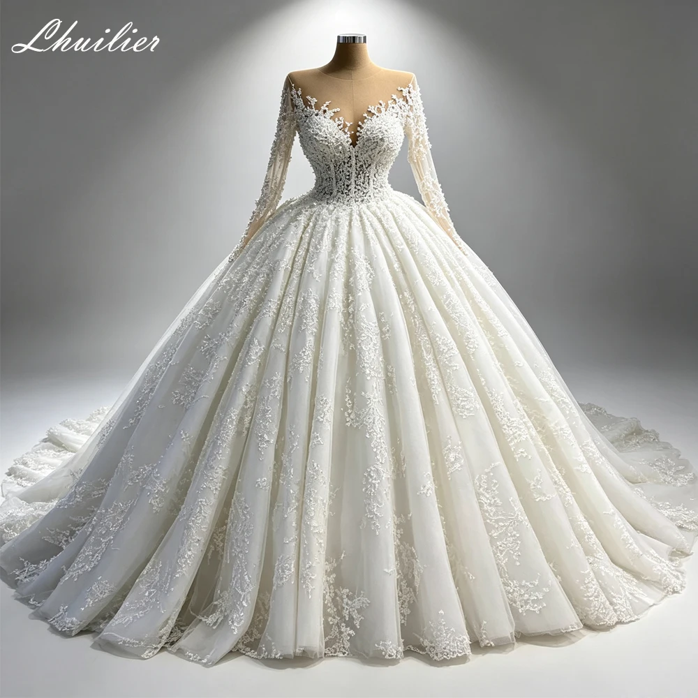 Lhuilier Customized Scoop Neck Ball Gown Lace Wedding Dresses Floor Length Illusion Beaded Bridal Dress