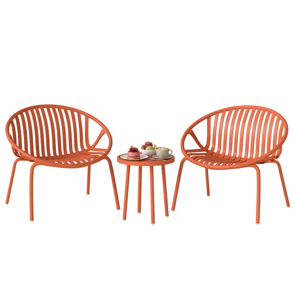 Ensemble Bistro de Jardin 3 Pièces Table Basse à Plateau Concave Acier et Polypropylène 80x70x75cm Rouge Brique