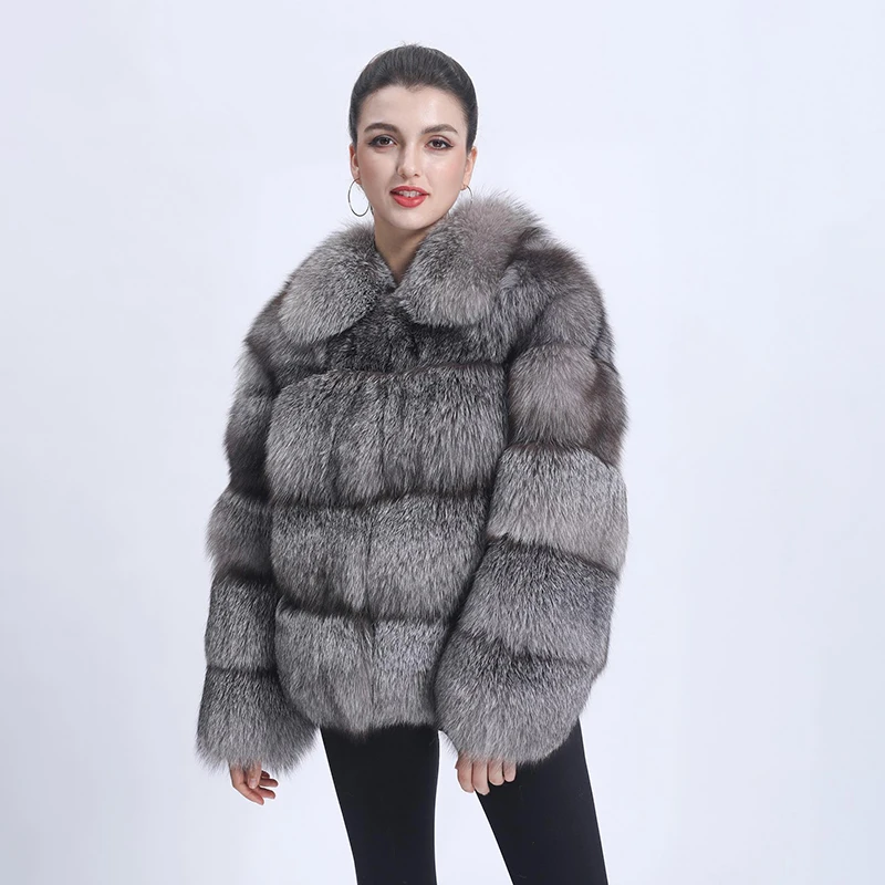 Natural Luxury Sliver Fox Fur Jackets Women Winter Thicken Lapel Fur Strip Sewed Toghter Outertwear Genuine Fox Fur Coat lady