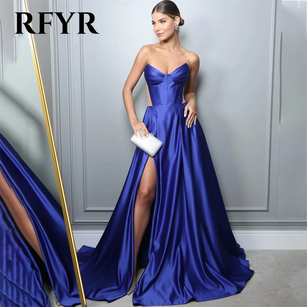 

RFYR Royal Blue Prom Dress Stain A Line Celebrity Dresses Women's Evening Dress Sweetheart Formal Gown with High Split 프롬 드레스