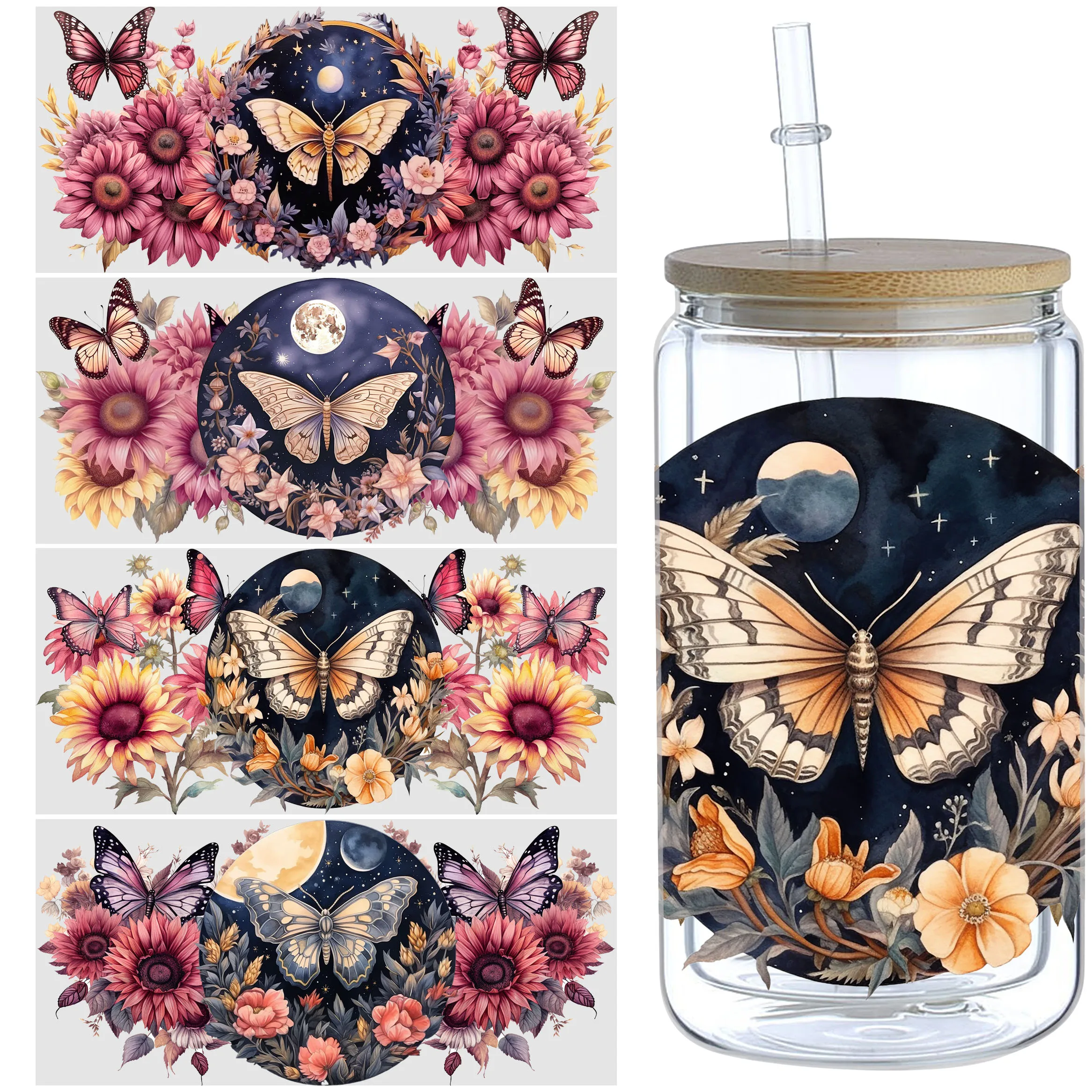 5pcs/set Butterfly Moon Sticker UV DTF Transfer Sticker Libbey Glass DIY Packaging Transfer Sticker For 16oz Glass