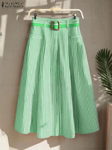 Imagen 2 del producto ZANZEA Faldas a rayas de oficina a la moda para mujer 2025, Jupes plisados de cintura alta, Falda Midi fina acampanada sin cinturón, Faldas elegantes para fiesta Saia