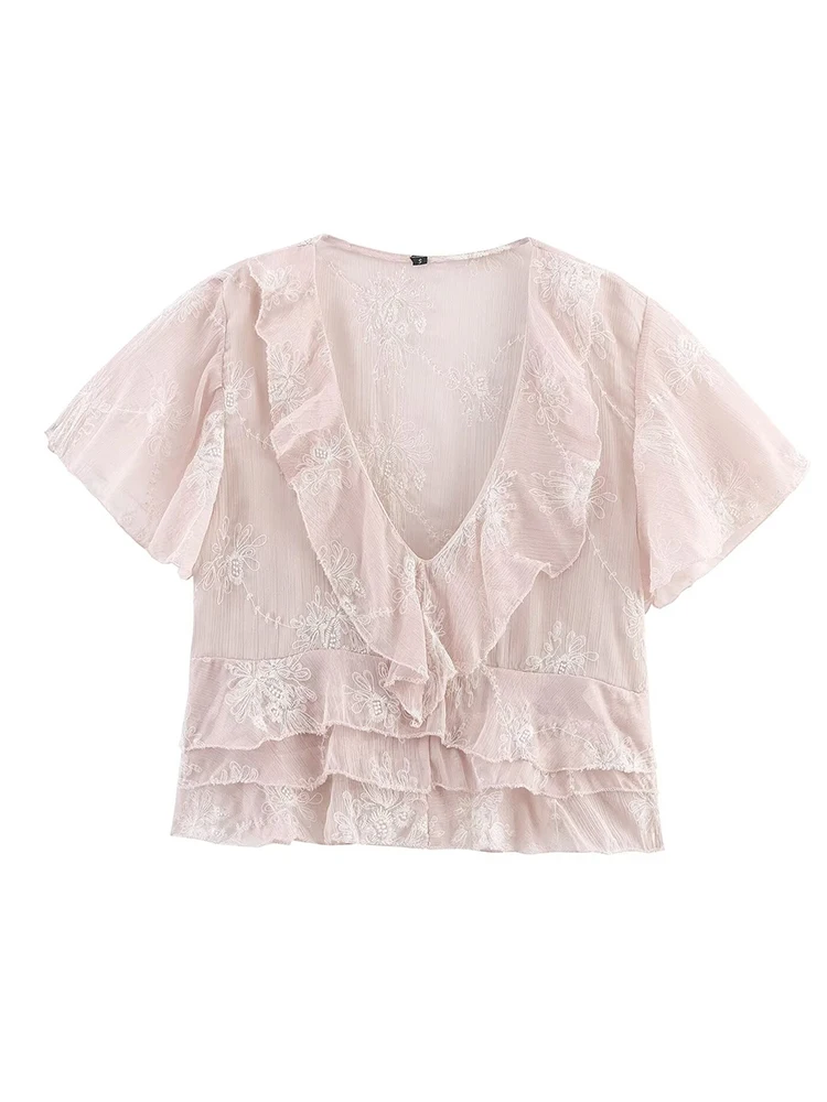 

Summer Thin Floral Embroidery Blouses Women Short Sleeve V-neck Ruffles Crop Tops Shirts