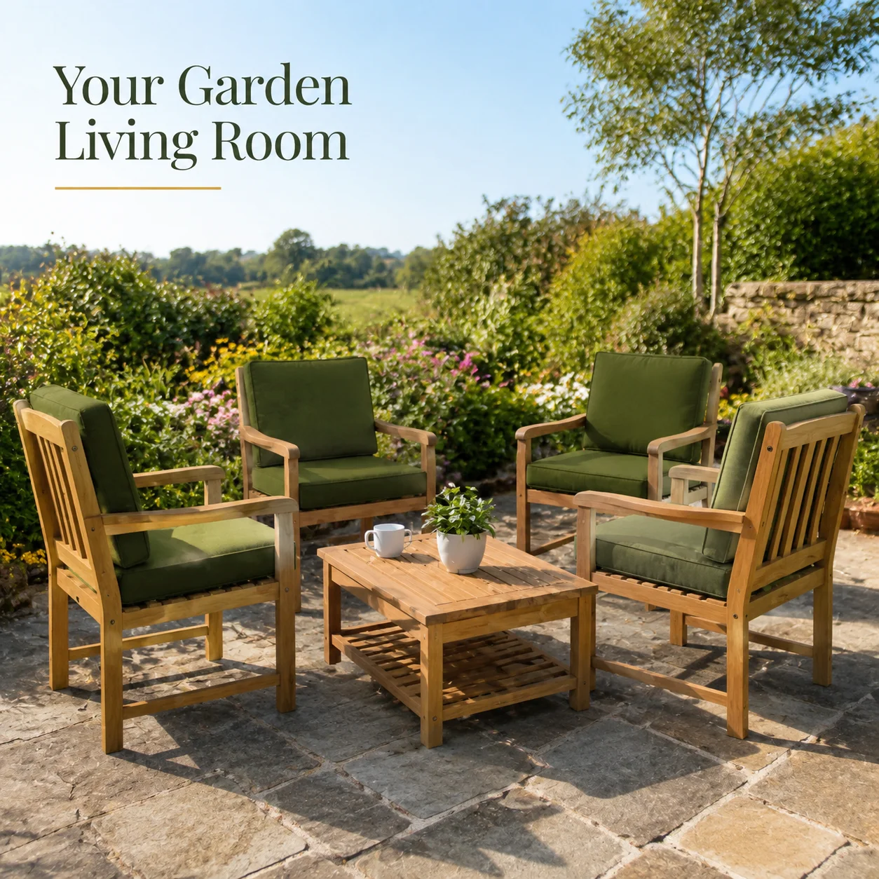 Ensemble de 4 chaises de jardin avec coussins verts en teck massif pour l'extérieur, idéal pour la cour