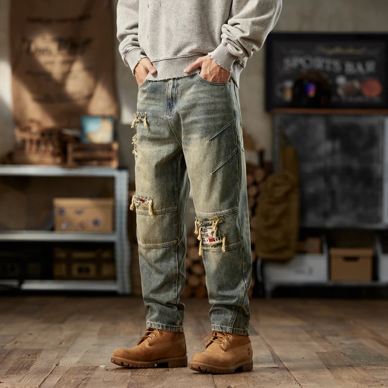 

American retro autumn and winter washed new loose distressed patch splicing Harem ripped jeans men's pants baggy jeans