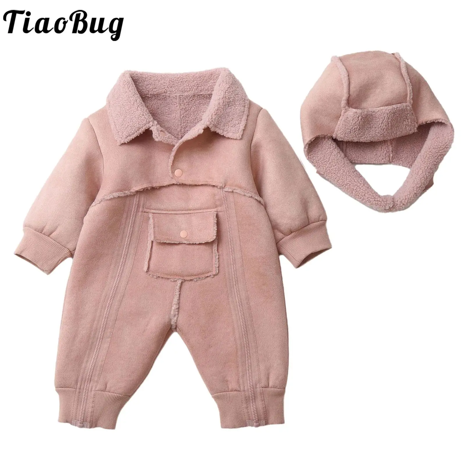 

Infant Baby Boys Girls Winter Clothes Thicken Fleece-Lined Warm Rompers Long Sleeves Double Zipper Jumpsuit Playsuit with Hat