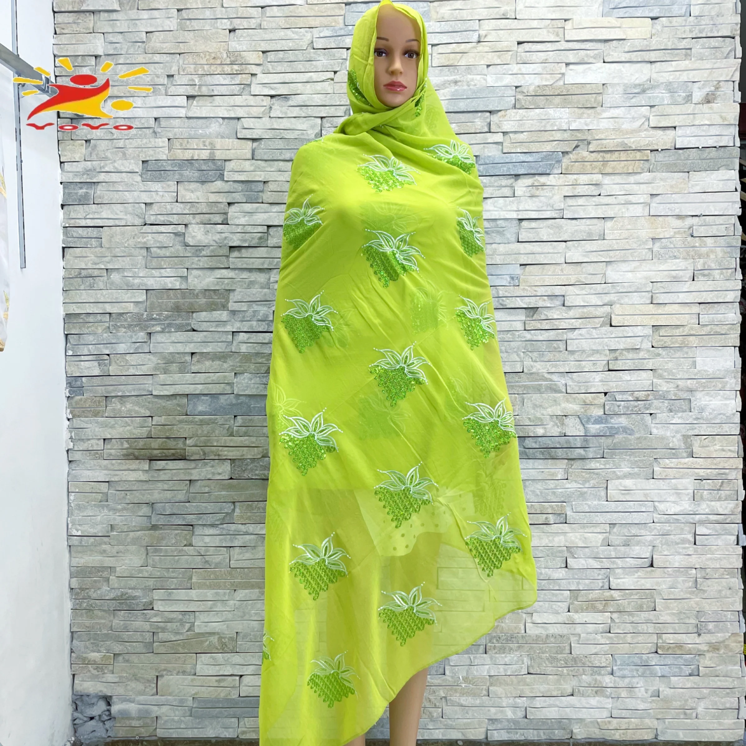2022High Quality African Women Scarfs Muslim Sequin Embroidery Soft Chiffon Splicing Big Hijab For Shawls Wraps Pashmina