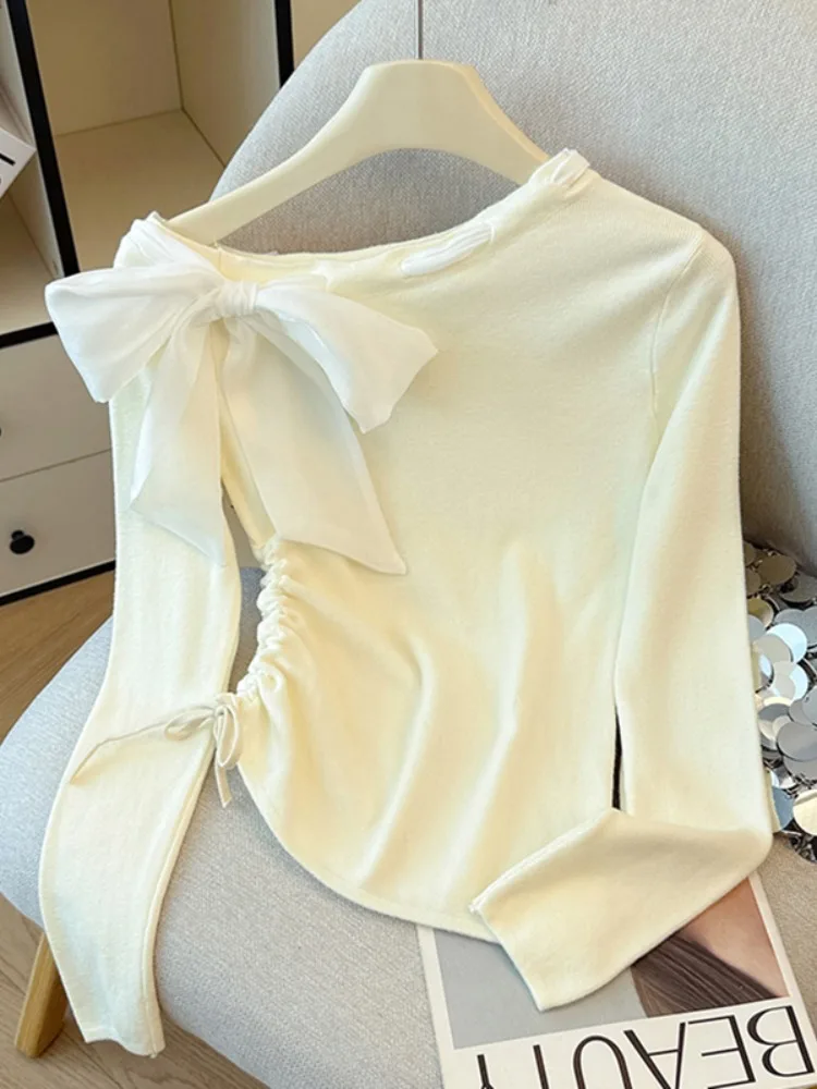 

French style sloping shoulder bow tie knit sweater for women in autumn and winter irregular drawstring elegant shirt