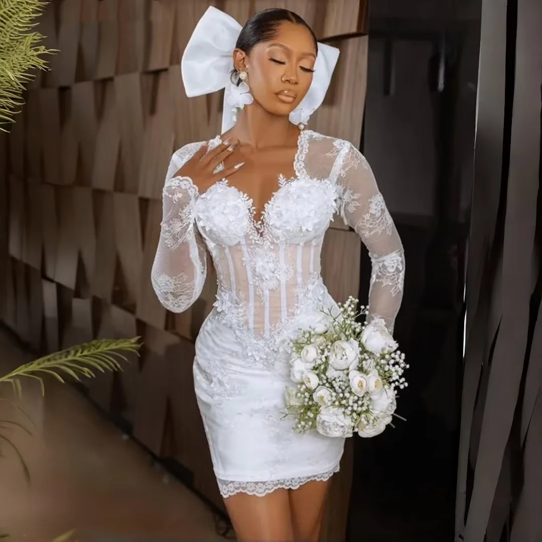 White Short Civil Wedding Dress Long Lace Sleeves Sheer Corset 3D Floral Mini Bridal Gown African Reception Dress Customize