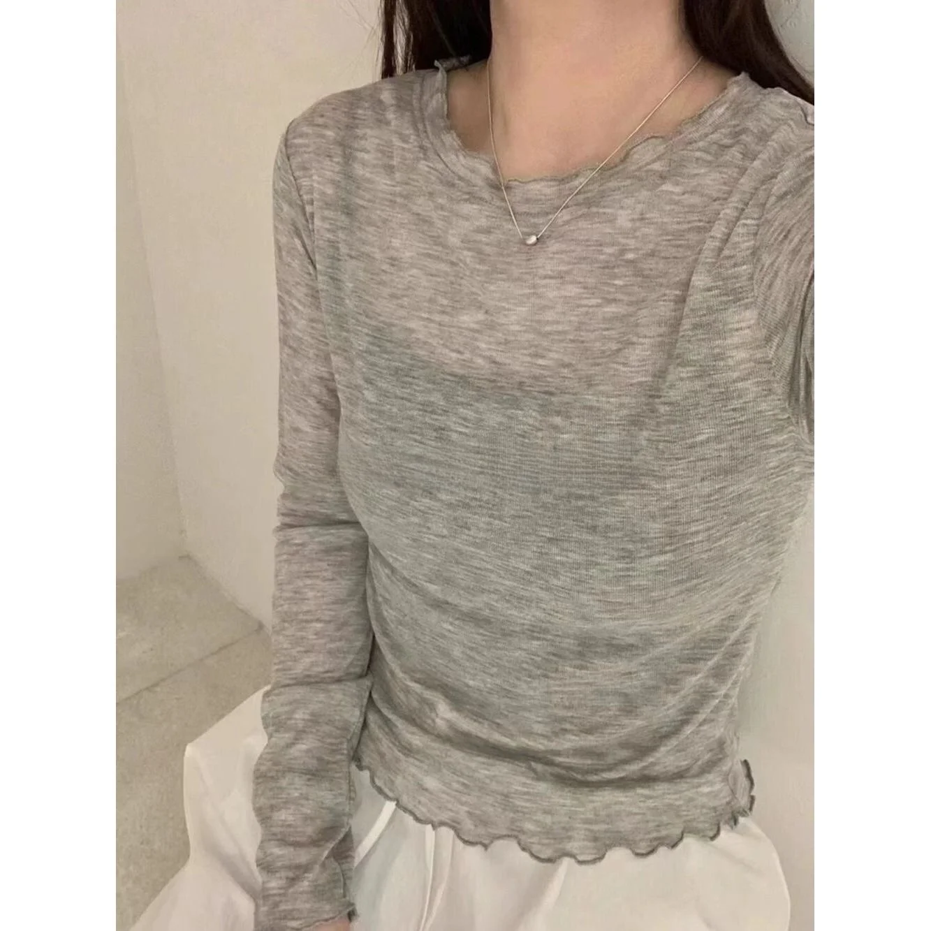 Spring Autumn New Style Sweet Milk Flavor Long Sleeve T-Shirt Women's Base Shirt Thin Semi-Transparent round Neck Layering Top