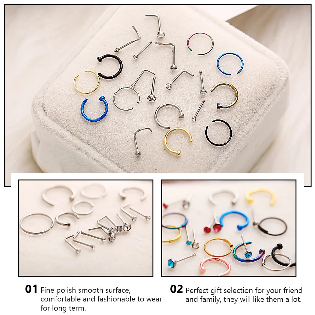 22 قطعة من حلقات ثقب الأنف المصنوعة من الفولاذ المقاوم للصدأ مجموعة مجوهرات أنف عصرية قوية للحفلات ثقب المجوهرات