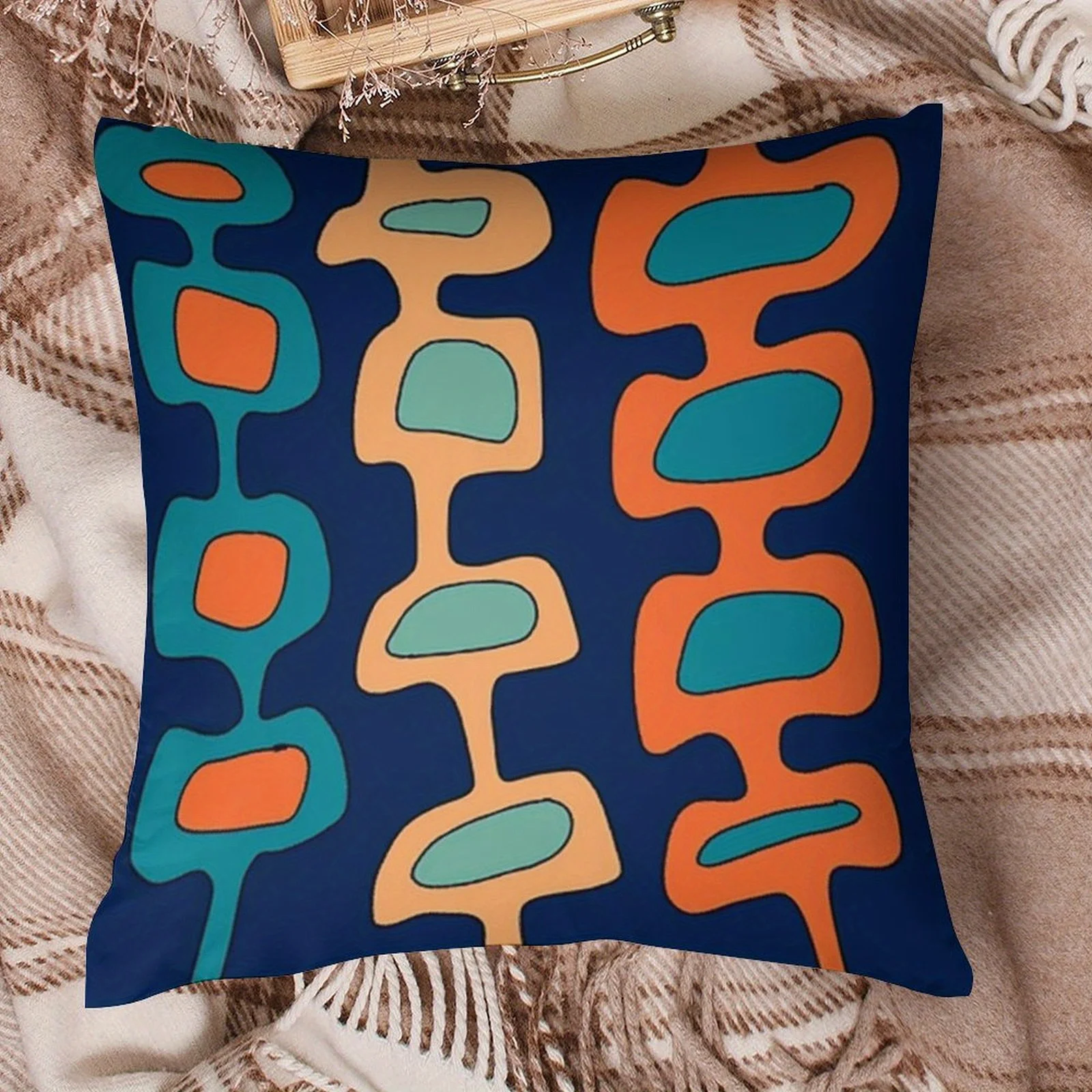 Pillow Cover Mid Century Abstract Pattern Teal Orange Blue Smooth Polyester Zipper Machine Washable Sofa Bed Decor