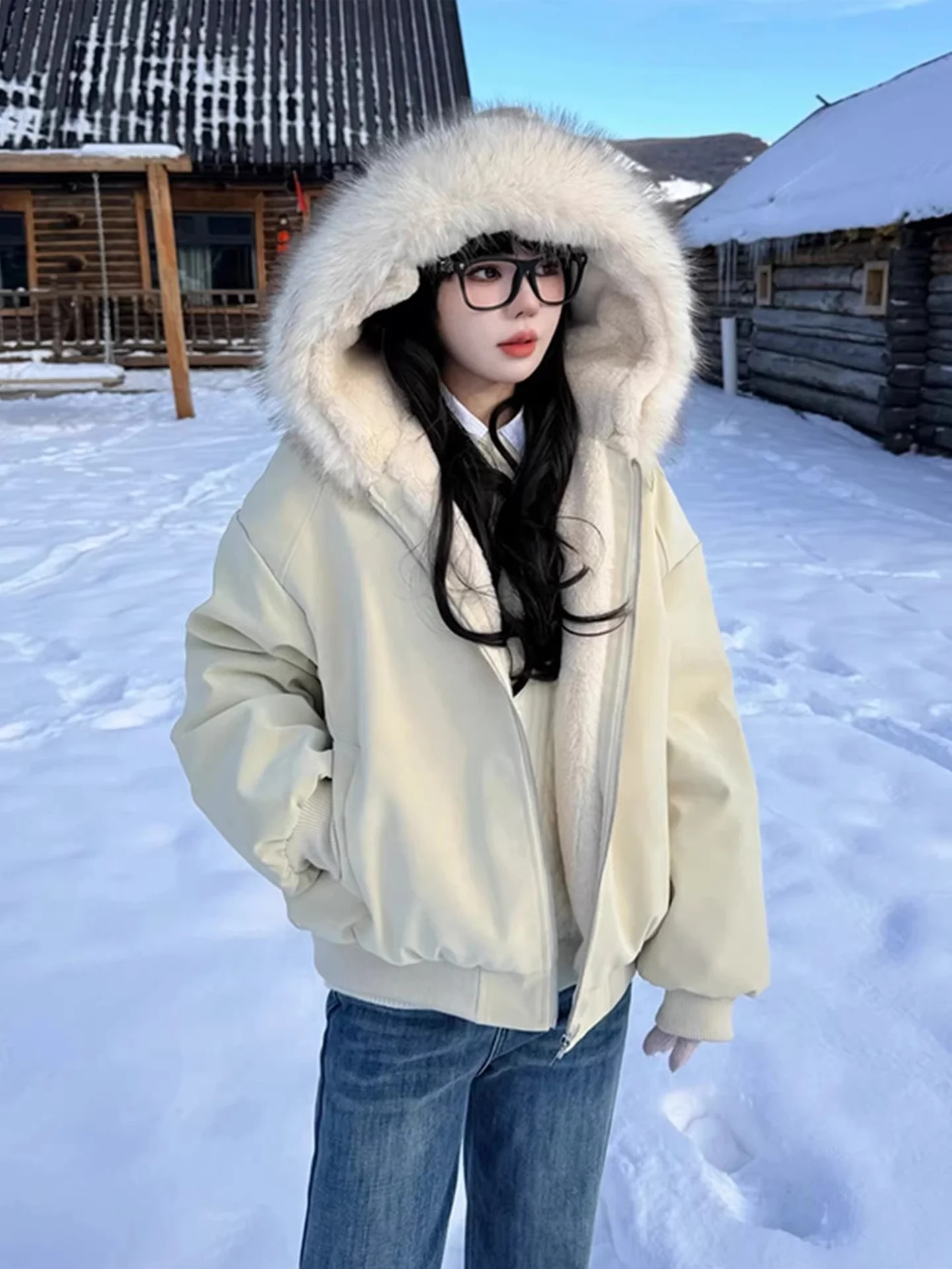 

American Retro PU Leather Collar Thiened Winter Cotton Jaet Men's Tee-Proof Hooded Cotton Coat Outerwear Polyester Fabric