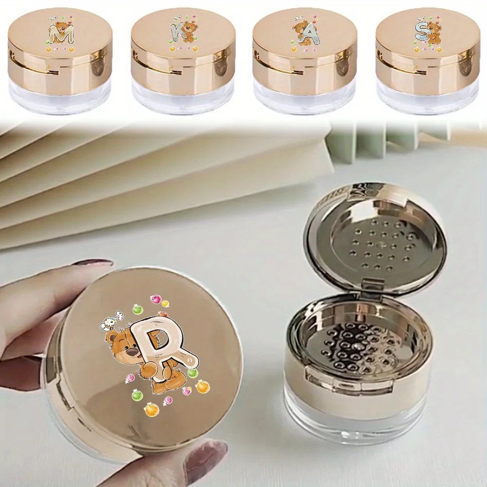 

Round Powder Puff Caddy With Puff Refillable Travel Plastic Loose Powder Jar Travel Makeup Tool With Mirror Bear Letter Pattern
