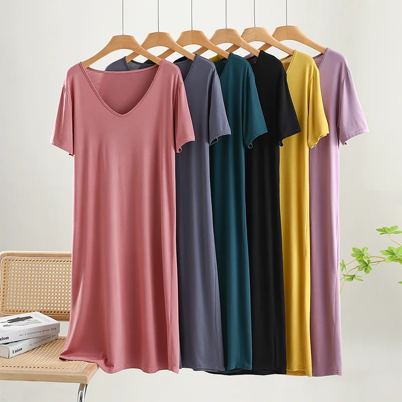 Modal Loose Fit Short Sleeve U-Neck Long Dress Summer Thin Outerwear Nightgown Home Dress  Color Simple Design Dress